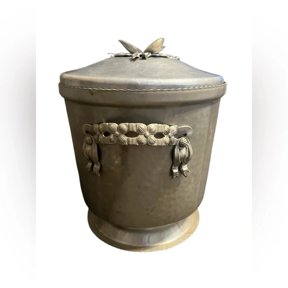 Vintage Hammered Aluminum Art Nouveau Ice Bucket Rose Bud Floral Trim Handles